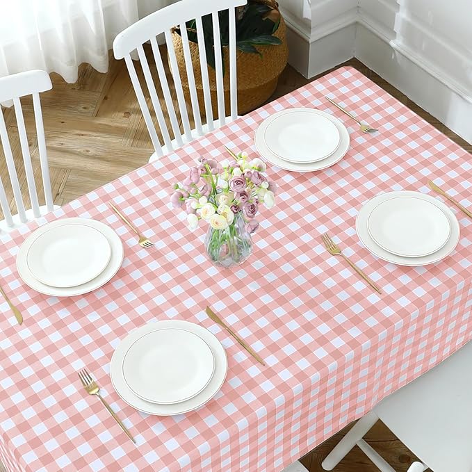 Romanstile Rectangle Plastic Tablecloth, 100% Waterproof Oil-Proof Checkered PVC Table Cloth, Heavy Duty Vinyl Table Cover for Dining, Camping, Picnic, Outdoor - 54 x 78 Inch, Light Pink