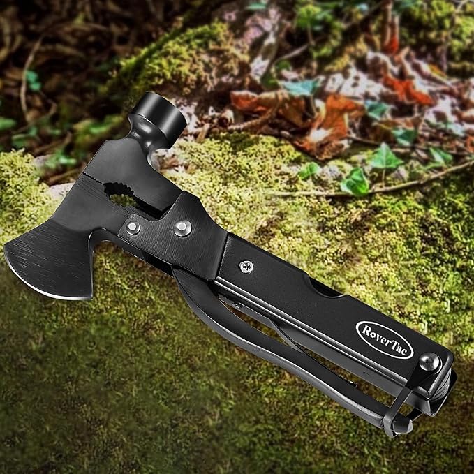 RoverTac 14-in-1 Multitool Camping Axe – Multi Tool with Knife, Hammer, Saw, Screwdrivers, Bottle Opener – Camping Tool with Sheath – Tool Gifts for Men, Dad, Husband, and Outdoor Enthusiasts.