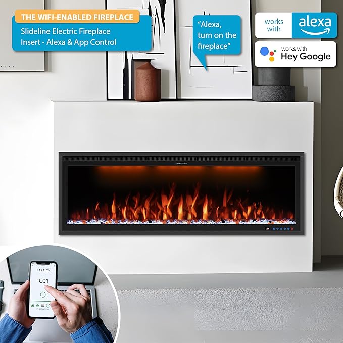 Benrocks 74'' Slim Electric Fireplace Inserts - WiFi-Enabled, Alexa & App Control, Recessed & Wall Mounted, 13 * 13 * 3 Flame Color Combinations, 750W/1500W, Black