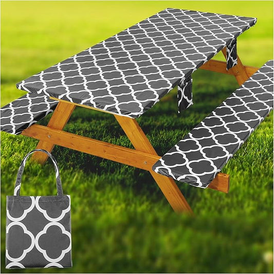 Fitted Picnic Table Cover with Bench Covers Waterproof Elastic Edges Rectangle Patio Tablecloth Outdoor Camping Essentials Stuff Rv Accessories Summer Trip Travel Supplies Party Camper Gifts, 6 ft