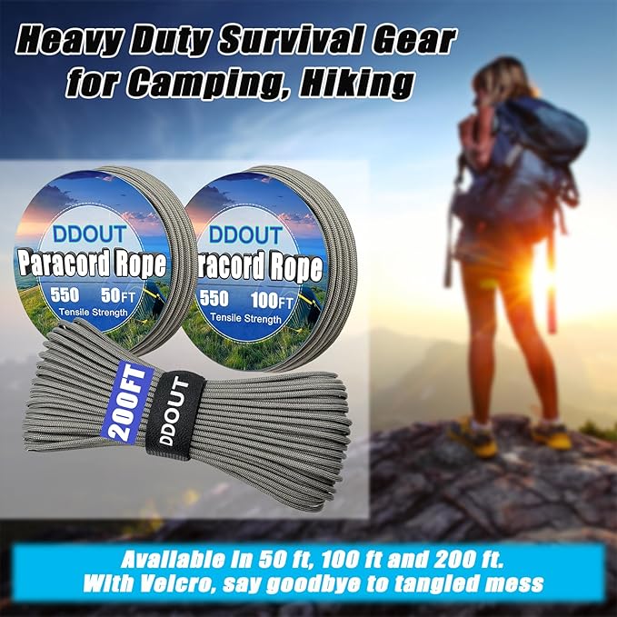 Paracord Nylon Rope Gray 100ft with 7-Strand Core, 10 Colors and 50/100/200 ft, Type III Parachute Cord 4mm for Camping, Survival, Hiking, DIY, Crafting, Outdoor Utility Rope