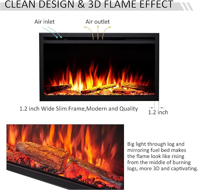 LegendFlame 33" W Smart Wall Mount & in Wall Recessed Electric Fireplace Insert, Heater 750W/1500W, Multi Colors of Flame & Fuel Bed, Alexa/Google Assistant Enabled