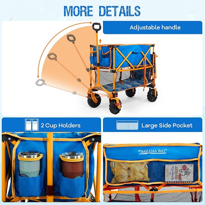 400L Collapsible Double Decker Beach Wagon with Brakes, Folding Beach Cart with 54" Extra Long Decker, 450LBS Heavy Duty Wagon Chart with All-Terrain Big Wheels for Sand Camping Garden