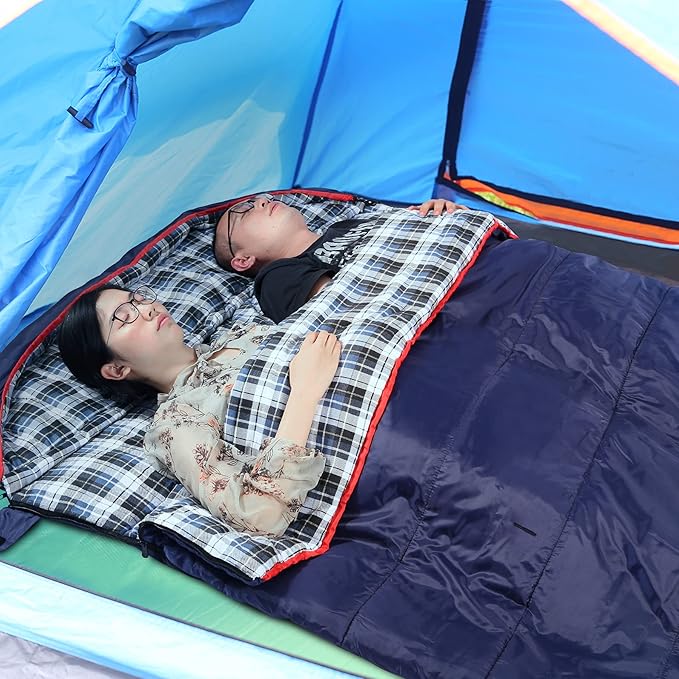 REDCAMP Cotton Double Sleeping Bag for Adults, 2 Person Cold Weather Queen Size Flannel Sleeping Bags for Camping, Black/Navy Blue
