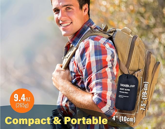 TREKOLOGY Camping Pillow - Large Inflatable (24"x15") for Home-Like Comfort, Portable & Ergonomic, Easy to Clean, Durable & Leak-Proof, Removable Strap for Secure Fit – ALUFT Ultra (Grey)