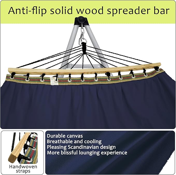 Tranquillo Ultimate Relaxation Portable Hammock Stand, Foldable Hammock Stand with Canvas Hammock, Spreader Bar, Quick Fold Unfold in 30 Seconds Steel Frame Hammock 600 lbs Capacity, White/Navy