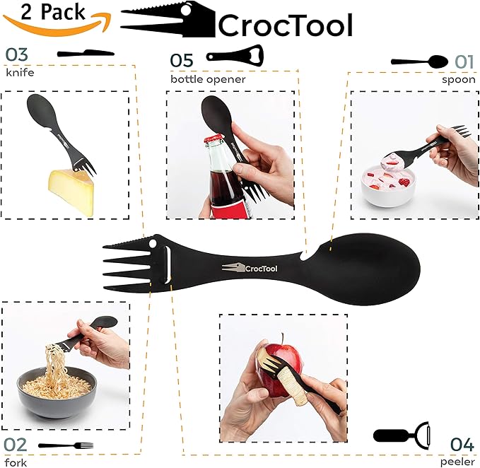 Spork Ultra Lightweight and Strong 5 in 1 Camping Utensil Set-Spoon+Fork+Knife+Peeler+Bottle Opener+Bag+Carry case. Ideal for Outdoors, Home or Office