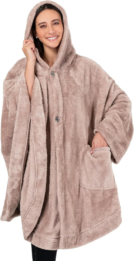 PAVILIA Angel Wrap Hooded Blanket Poncho, Wearable Blanket Throw Wrap Poncho for Women Adult, Cozy Fluffy Sherpa Fleece Shawl Cape with Hood pockets, Warm Gift for Mom Wife, Beige Taupe