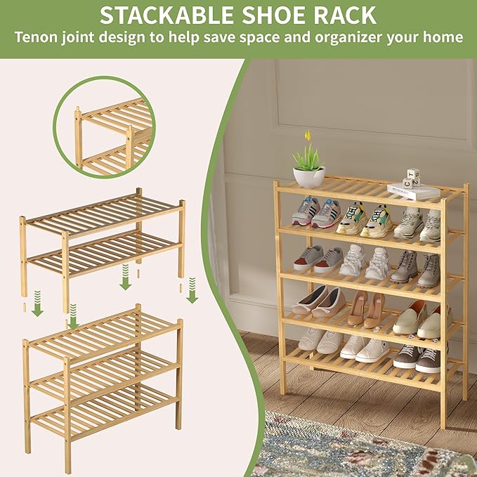 3 Tier Bamboo Shoe Rack for Closet Free Standing Wood Shoe Shelf Storage Organizer for Entryway Small Space Stackable 27"x11"x20" (Natural)