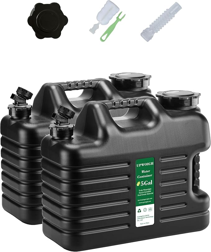 UPWOIGH 5 Gallon Water Jug Set of 2, Camping Water Container, Truly No Leakage Water Storage, Large Military Black Water Tank,BPA Free Portable Emergency Overlanding Gear for Outdoors Hiking