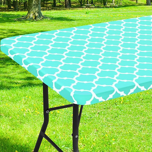 Smiry Rectangle Picnic Table Cover, Waterproof Elastic Fitted Camping Tablecloths for 4 Foot Tables, Wipeable Flannel Backed Vinyl Tablecloth Protector for Indoor, Outdoor (Teal, 30x48 Inches)