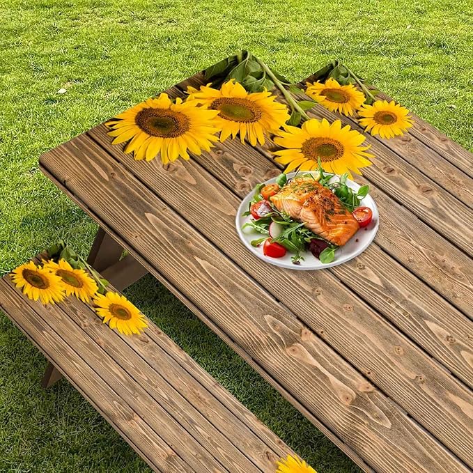 CAPSCEOLL Picnic Table Cover with Bench Covers Waterproof Camping Tablecloth All-Weather Outdoor Table Protector with Drawstring Bag for Camping Essentials, 72X30in, Wooden Sunflowers