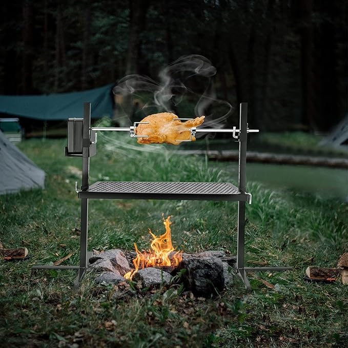 Onlyfire Adjustable Outdoor Camping Rotisserie Grill System and Spit Kit with Portable DC 3V Motor and 29 Inch Hexagon Spit Rod
