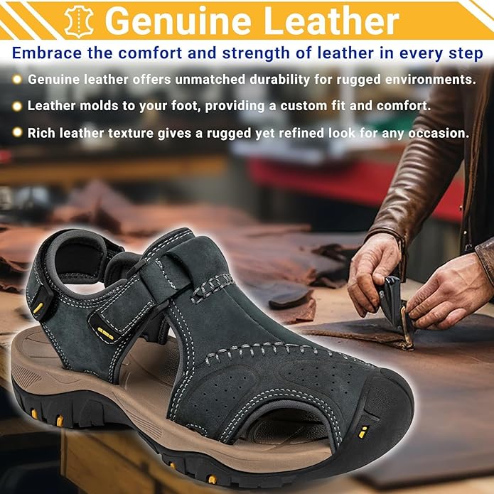 Men's Sport Sandals Closed Toe Leather Hiking Athletic Walking Outdoor Beach Trail River Fishing Water Shoes Lightweight Comfortable Waterproof