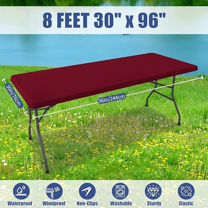 Spandex Picnic Table Cloth 2 Pack, Elastic Fitted Tablecloths for 8 Foot Rectangle Tables, Stretch Washable Patio Table Cover for Camping, Christmas & New Year Parties (Wine Red, 30"x96")