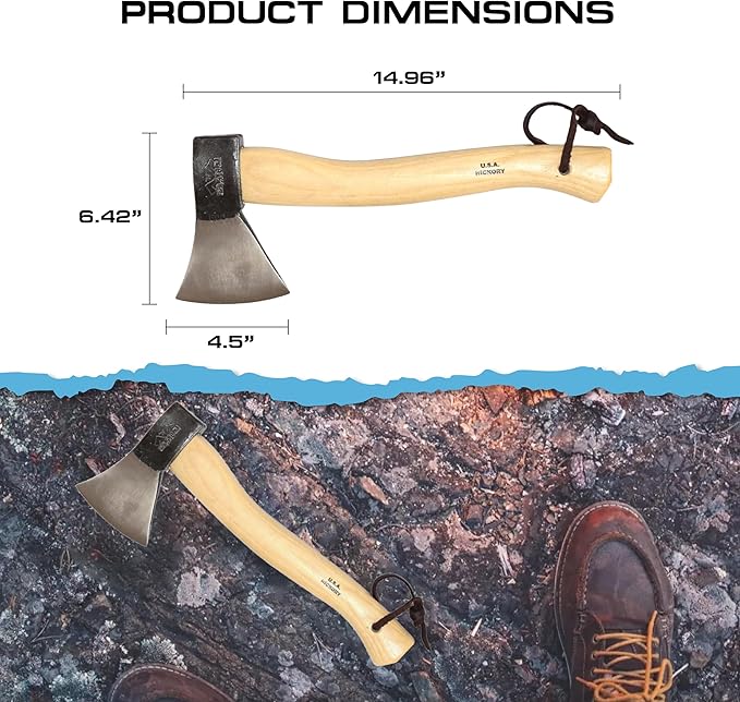 Prandi Axes German C45 Forged Carbon Steel Hatchet - Hickory Handle with Leather String - Ideal for Camping, Travel and Bushcraft - S/N 3.003.08.TH - 15" L x 6.42" W, 800g Polished Head, No Sheath