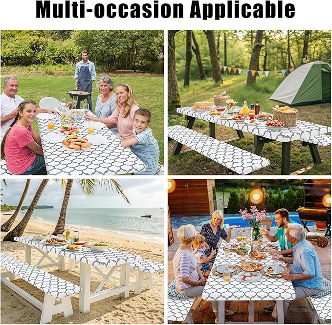 Smiry Picnic Table Cover with Bench Covers, Waterproof Elastic Fitted Tablecloth for 6 Foot Tables, Washable Polyester Tablecloths for Camping, Indoor & Outdoor (White Morocco, 30x72 Inch 3-pc Set)