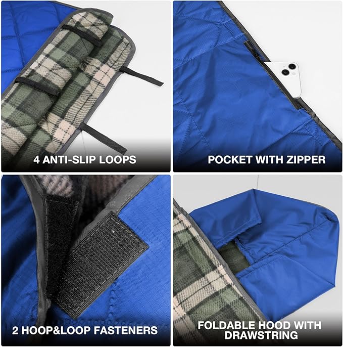 DUKUSEEK Hooded Outdoor Blanket, Waterproof Camping Blanket, Quilted, Thick Fleece, Warm, Windproof, Sand Proof, Portable and Wear-Resistant, Perfect for Stadium, Picnic, Camping