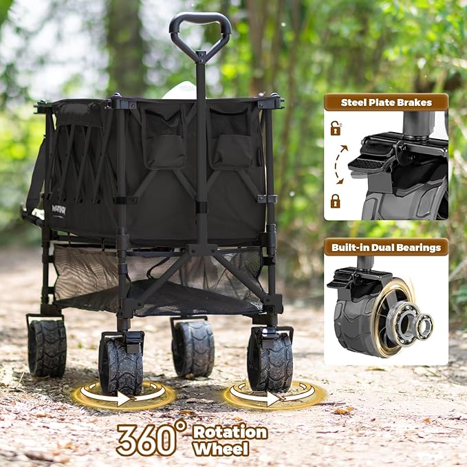 Whitsunday Double Decker Wagon, Heavy Duty Foldable Large Beach Wagon Cart with All-Terrain Big Wheels for Sports,Camping,Outdoor Black
