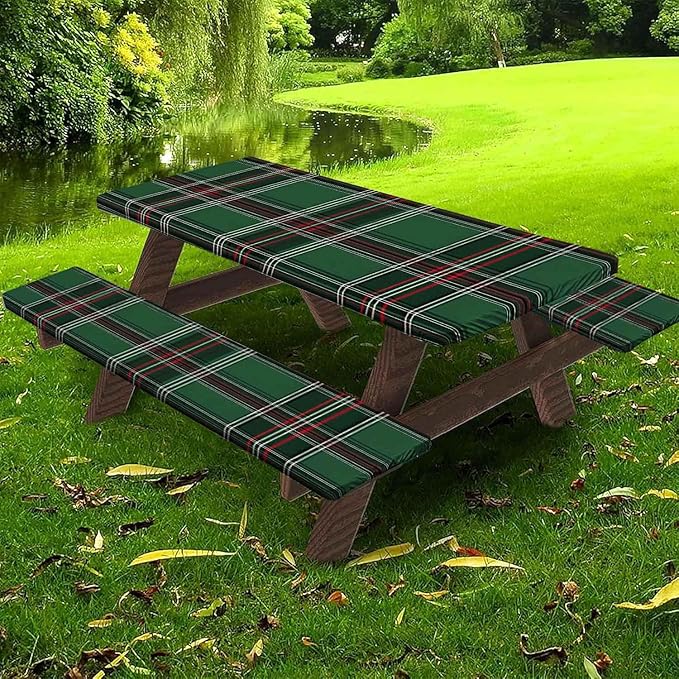CAPSCEOLL Fitted Picnic Table Cover with Bench Covers with Elastic 8Ft Waterproof Picnic Table Cloths Windproof Outdoor Camping Tablecloth with Drawstring Bag, 96X30in, Christmas Green Buffalo Plaid