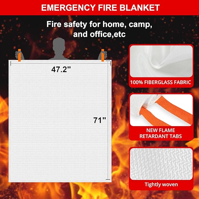 SecuCaptain Emergency Fire Blanket for Home - 47.2"x71" X-Large Flame Retardant Blankets with Fireproof Tabs for House Camping Kitchen Fire Protection Survival Safety