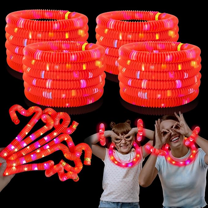 Red Glow Sticks Party Favors for Kids 24 PCS,LED Light up Pop Tubes for Toddlers, Neon Necklaces Bracelets Accessories,Glow Birthday Wedding Dance Party Supplies Camping Toys Gifts Decorations