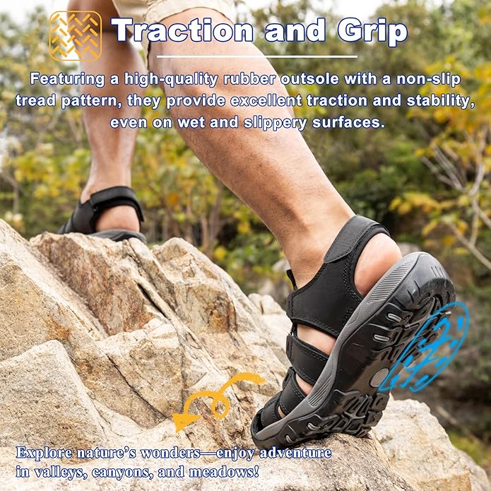 Men's Sport Sandals Closed Toe Leather Hiking Athletic Walking Outdoor Beach Trail River Fishing Water Shoes Lightweight Comfortable Waterproof