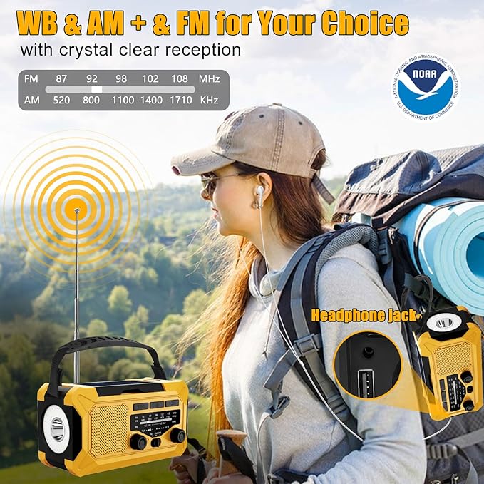 10000mAh Emergency Hand Crank Radio with LED Flashlight, AM/FM NOAA Portable Weather Alert Radio, Solar Powered with Phone Charger, USB Charged, Headphone Jack, SOS Alarm, Compass (Yellow)