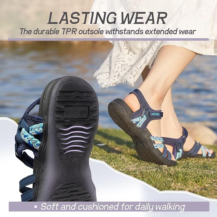 MEGNYA Hiking Sandals for Women, Arch Support Comfortable Walking Sandals Hook Loop Strap, Sports Lightweight Slides