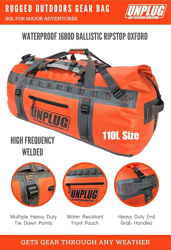 UNPLUG Ultimate Adventure Bag | 1680D Heavy Duty Waterproof Bag | Large Travel Duffle Bag which can be Used for Camping, Motorcycling, Boating, or Hunting