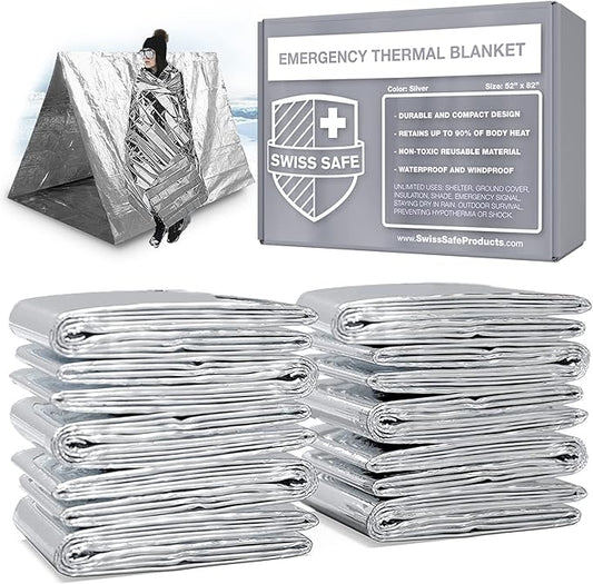 Swiss Safe Emergency Mylar Thermal Blankets + Bonus Space Blanket - Compact & Insulated for Cold Weather - Designed for NASA, Outdoor Camping, Survival, First Aid Car Kit - Silver, 25 Pack