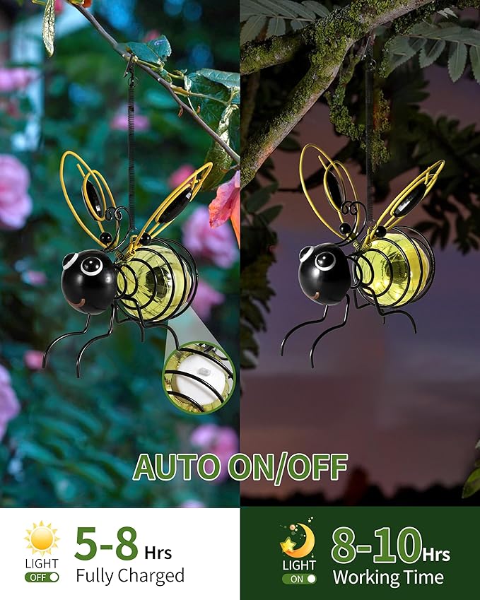 iStatue Solar-Powered Hanging Bee Light - Metal LED Outside Bugs with Bouncy Springs - Solar Fairy Lights for Outside Garden Decor Backyard Balcony Porch Spring Decoration (Yellow)