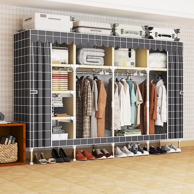 Portable Wardrobe Closet Durable and Easy to Assemble Heavy Duty Clothes Rack with Non-Woven Cover Fabric Best for Bedroom and Easy Storage and Organization (Grey-D)