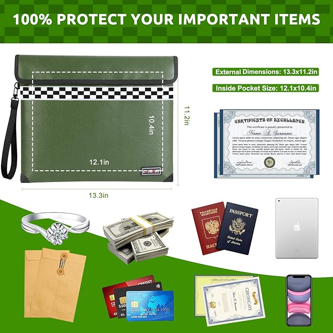 Upgraded 6200°F Fireproof Document Bag with Fireproof Zipper, Fireproof Bag with Reflective Strip/Hand Strap, 9 Layers of Heat Insulated Materials, Fireproof Money Bag for Cash,13x11"Fireproof Pouch