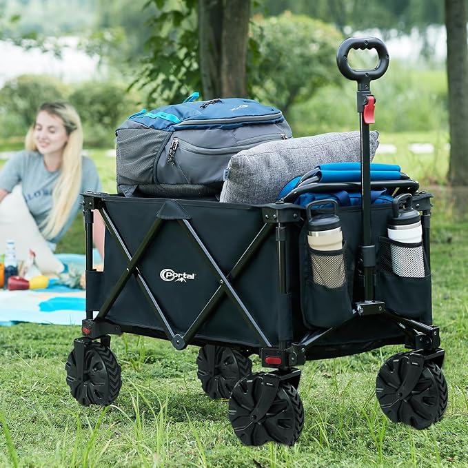PORTAL Collapsible Folding Utility Wagon, Foldable Wagon Carts Heavy Duty, Large Capacity Beach Wagon with All Terrain Wheels, Outdoor Portable Wagon for Camping, Garden, Shopping, Groceries, Black