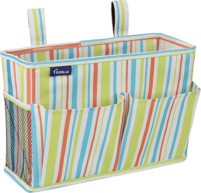 Surblue Bedside Caddy Hanging Bed Organizer Storage Bag Pocket for Bunk and Hospital Beds, College Dorm Rooms Baby Bed Rails,Wheelchair Side Bag,Camp Chiars,4 Pockets and 2 Hooks (Small GreenStripe)