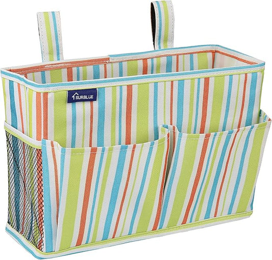 Surblue Bedside Caddy Hanging Bed Organizer Storage Bag Pocket for Bunk and Hospital Beds, College Dorm Rooms Baby Bed Rails,Wheelchair Side Bag,Camp Chiars,4 Pockets and 2 Hooks (Small GreenStripe)