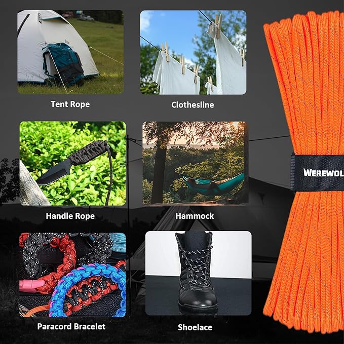 WEREWOLVES Reflective Paracord Rope 7 Strand Type III Parachute Cord 4mm 100ft / 200ft for Tent Camping Hiking Fishing Survival Tactical Clothesline DIY Projects