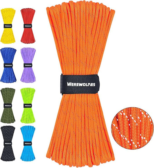 WEREWOLVES Reflective Paracord Rope 7 Strand Type III Parachute Cord 4mm 100ft / 200ft for Tent Camping Hiking Fishing Survival Tactical Clothesline DIY Projects