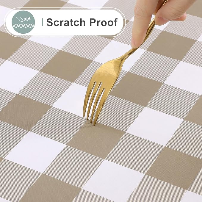 misaya Rectangle Waterproof Vinyl Table Cloth, Buffalo Flannel Backed Tablecloth, Wipeable Plastic Table Cover for Dinner, Kitchen, Outdoor (52" x 70", Khaki and White)