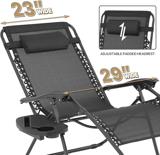 MoNiBloom Oversized Lounge Beach Chairs for Outside, 29" XL Zero Gravity Camping Chairs with Side Table, Pillow and Tray, 330lbs Capacity, Black