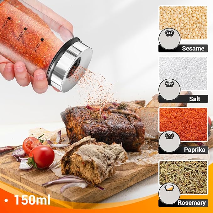 Segarty Glass Spice Jars, 3 Pack 5oz Spice Jars with Label, Empty Spice Containers with Shaker Lids, Seasoning Bottles with 136 Stickers, 1 Marker Pen and 1 Brush, Salt Pepper Shakers Set