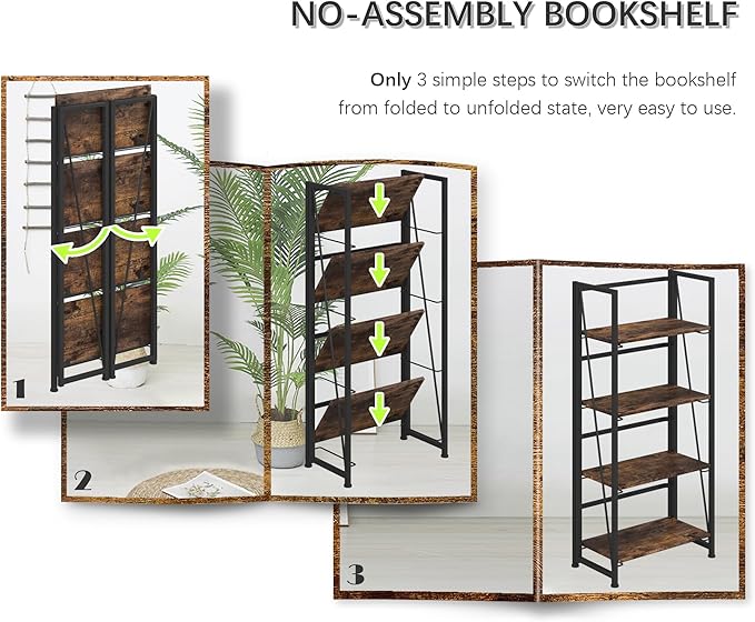 4NM No-Assembly Folding Bookshelf Storage Shelves 4 Tiers Vintage Bookcase Standing Racks Study Organizer Home Office (Rustic Brown Black)
