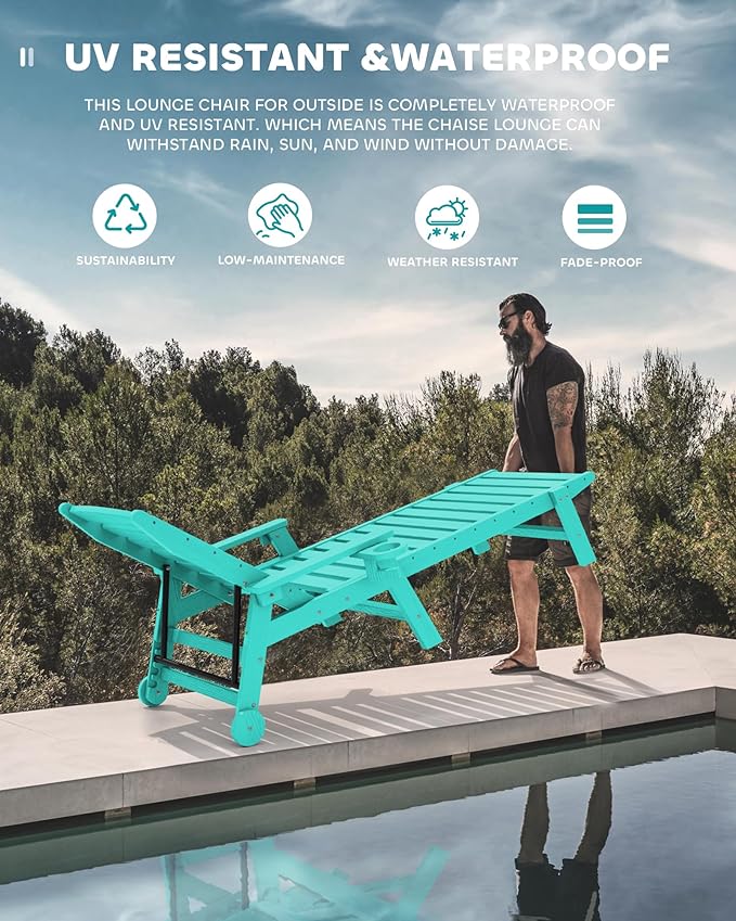 SERWALL Patio Chaise Lounge, HDPE All-Weather Outdoor Lounge Chair for Deck, Poolside, Aqua Blue, 1 pack