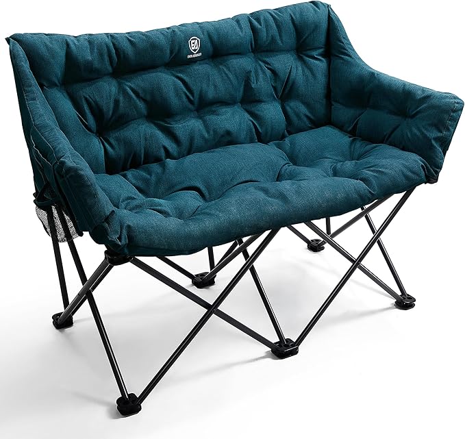 EVER ADVANCED Double Camping Chair for Adults, Padded Folding Camping Love Seat with Side Pocket Portable Camping Couch, Two Person Heavy Duty Folding Outdoor Chair with Cushion,Support 600lbs,Green