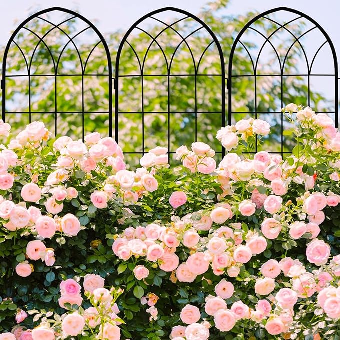 LZRS 4 Pack 71x20in Rustic Iron Arch Decoration Garden Trellis with Black Metal Coating – Perfect for Supporting Climbing Plants Outdoor, Roses, Vines, Flowers, and Vegetables.