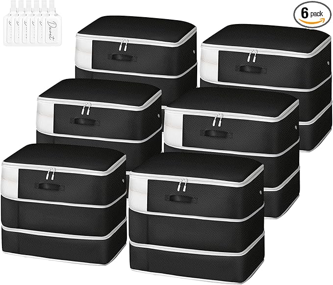 Comforter Storage Bag - Large Capacity Blanket Storage Bags 3-Layer Ultra Space Saving Self Compression Organizer, Washable Compression Bags for Storage Comforter Blanket, 6-Pack, Black
