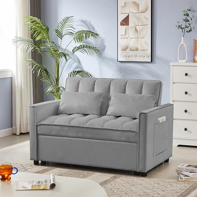 53" Convertible Sofa Bed with Pull-Out Bed - Velvet 3-in-1 Reclining Futon Loveseat, Space-Saving Sleeper Couch with Adjustable Backrest & Side Pockets, Modern Living Room Furniture (Grey, Full Size)