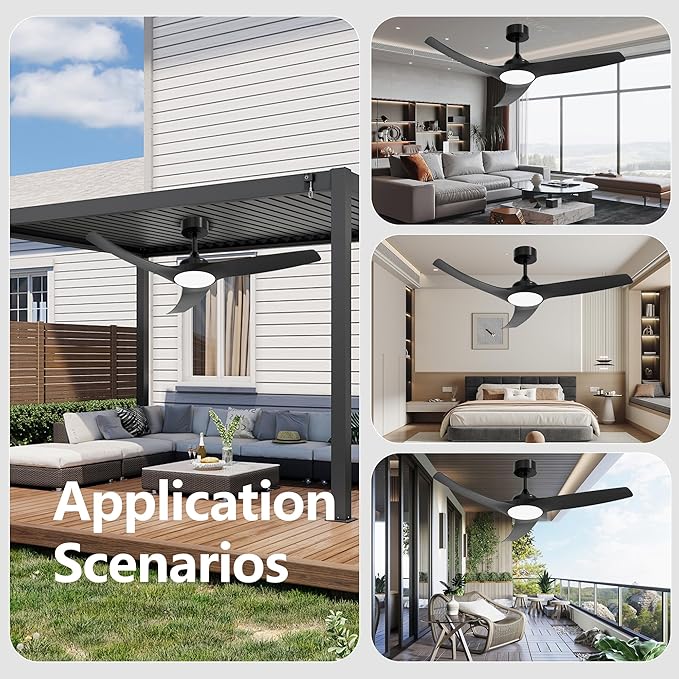 52 Inch Ceiling Fan with Light and Remote, 3 Blades, Quiet DC Motor, Reversible Fan with Dimmable LED Light, for Bedroom Living Room, Black