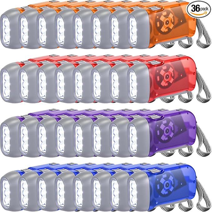 Treela 36 Pcs Hand Crank Flashlights Operation Christmas Items Bulk Squeeze Flashlight No Battery Required Torchlight 3 Powered Charging for Emergency(Red, Blue, Orange, Purple)